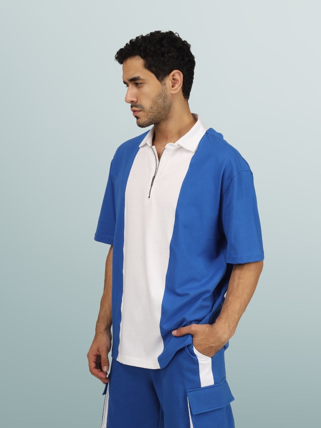 Royal Blue & White Oversized Polo Zipper T-Shirt - Wearduds