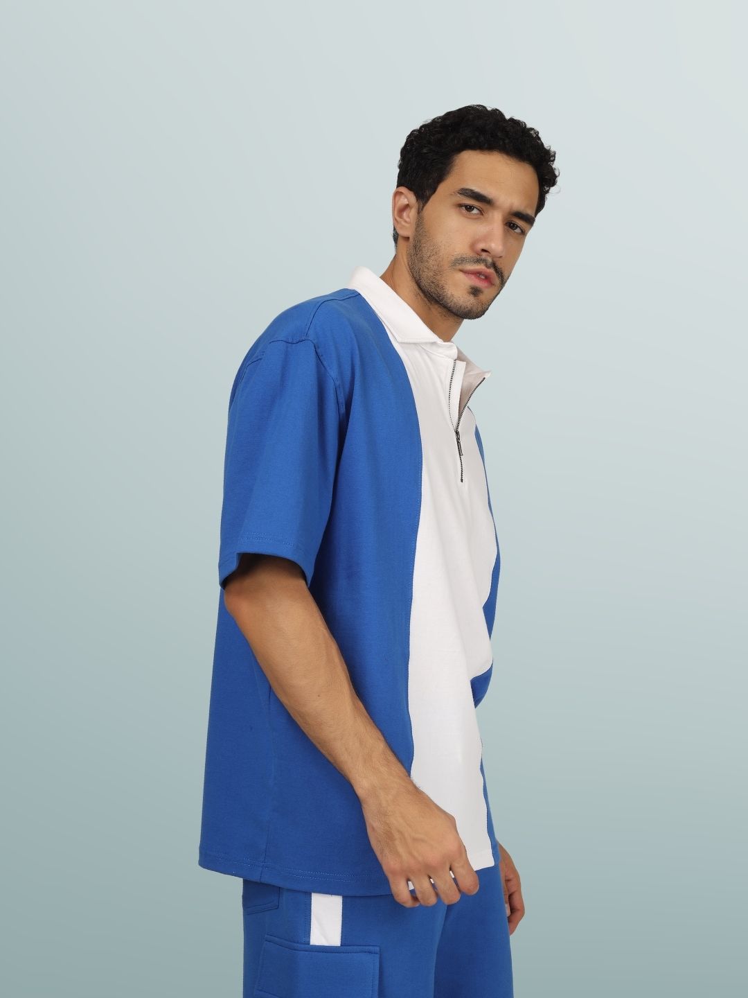 Royal Blue & White Oversized Polo Zipper T-Shirt - Wearduds