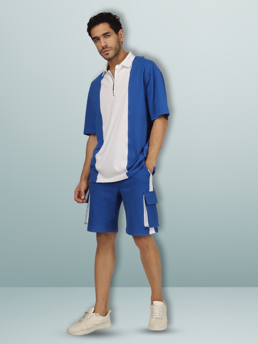 Royal Blue & White Oversized Polo Zipper T-Shirt - Wearduds