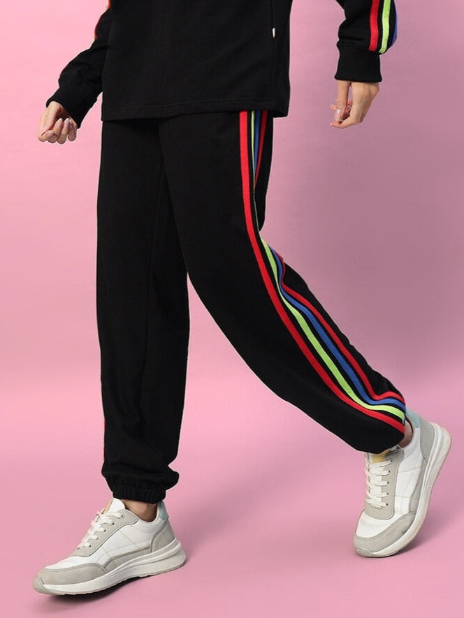 WOMEN'S DUDS RAINBOW COLORFUL STRIPE JOGGERS (BLACK)