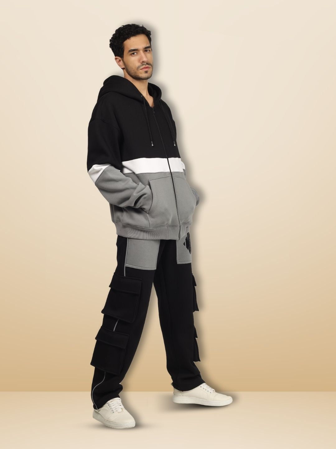 Gorbcore Fleece Colorblock Cargo Pant (Black-Grey) - Wearduds