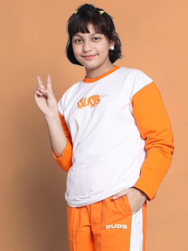 Rock & Roll Over-Sized Sweatshirt For Boys & Girls (White-Orange)