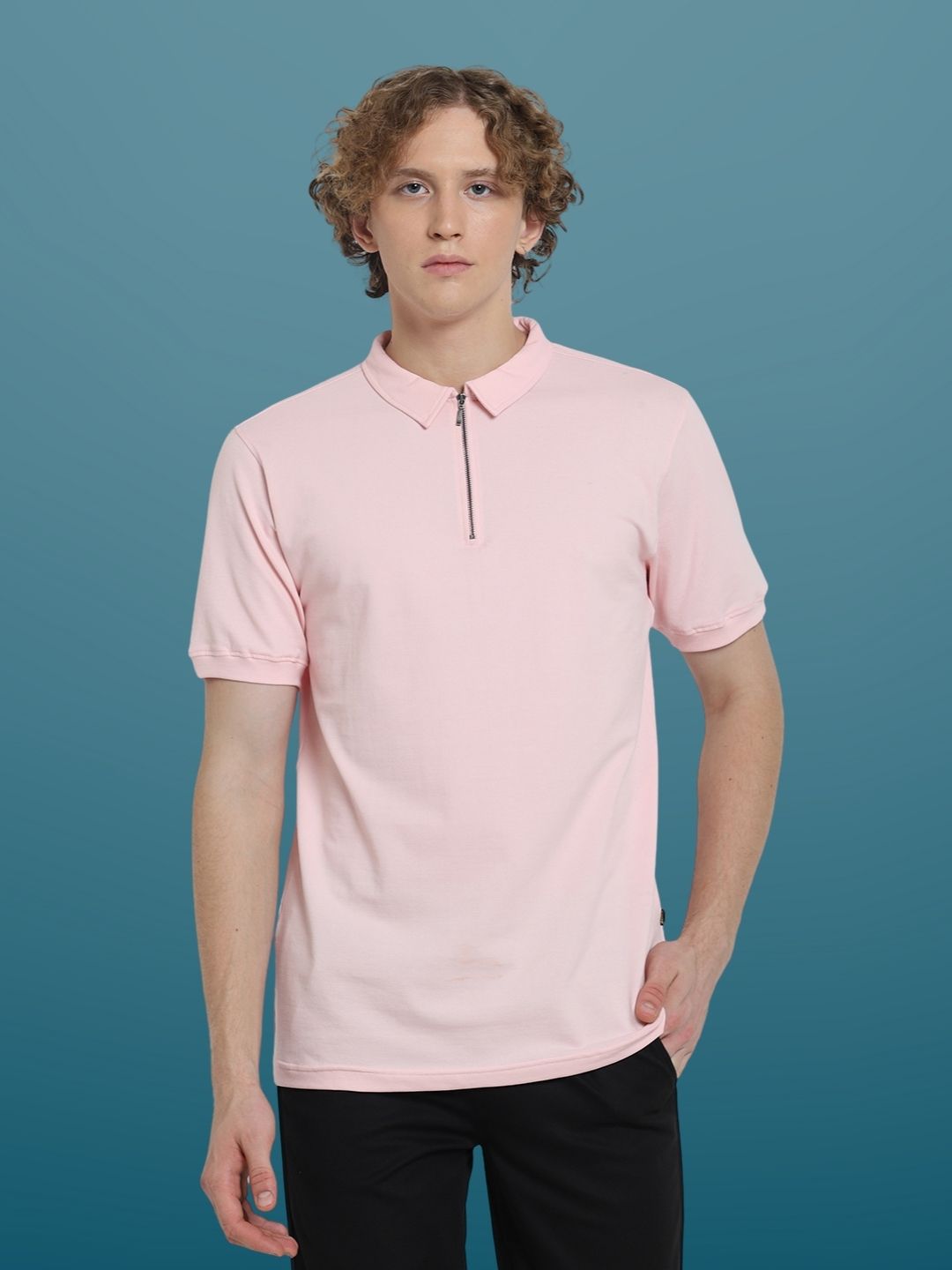 Blush Pink Polo Neck Zipper T-Shirt - Wearduds