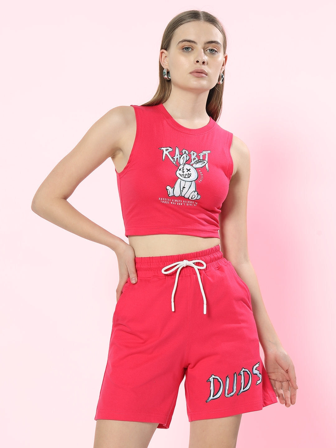 Women's Positive Rabbit Co-Ord Set with Print (Pink)