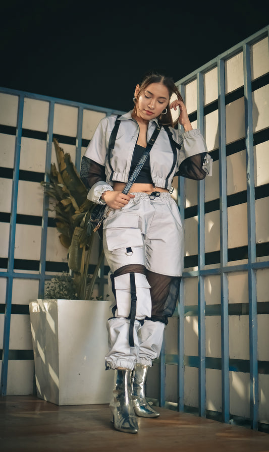 reflector co ord set cargo pants with reflective jacket