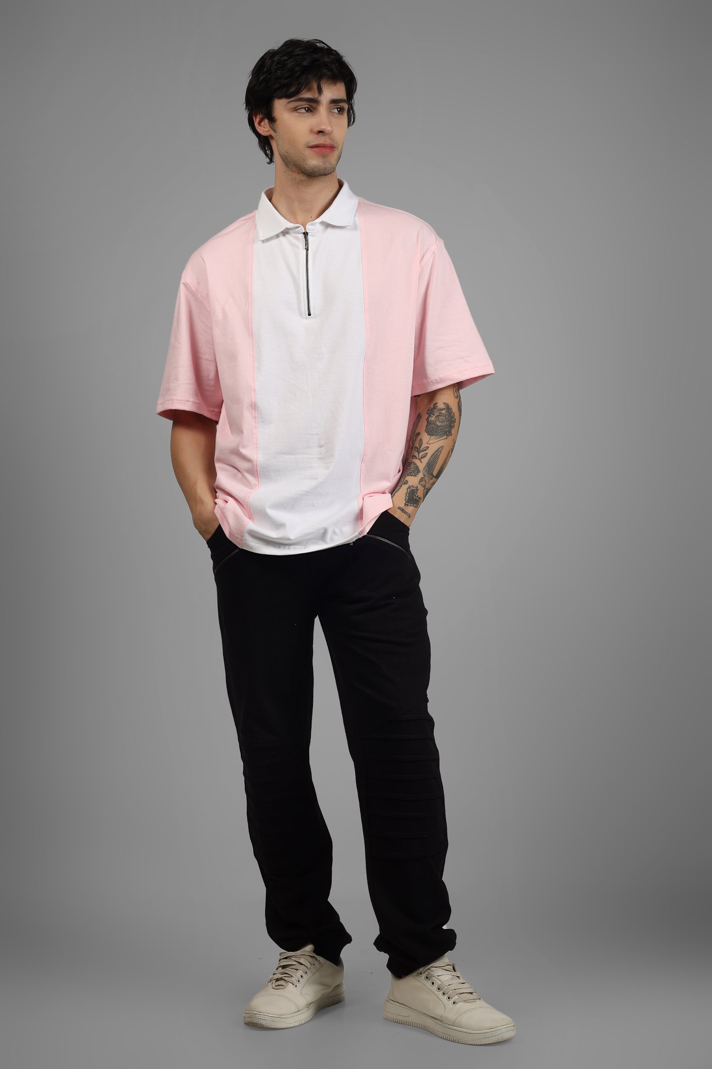 Blush Pink & White Oversized Polo Zipper T-Shirt - Wearduds