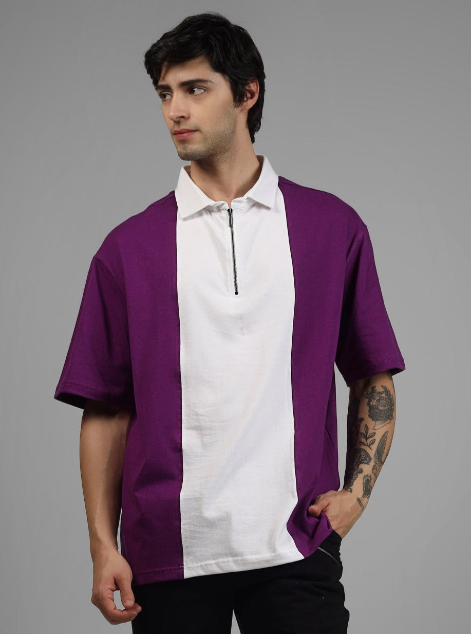 Purple & White Oversized Polo Zipper T-Shirt - Wearduds