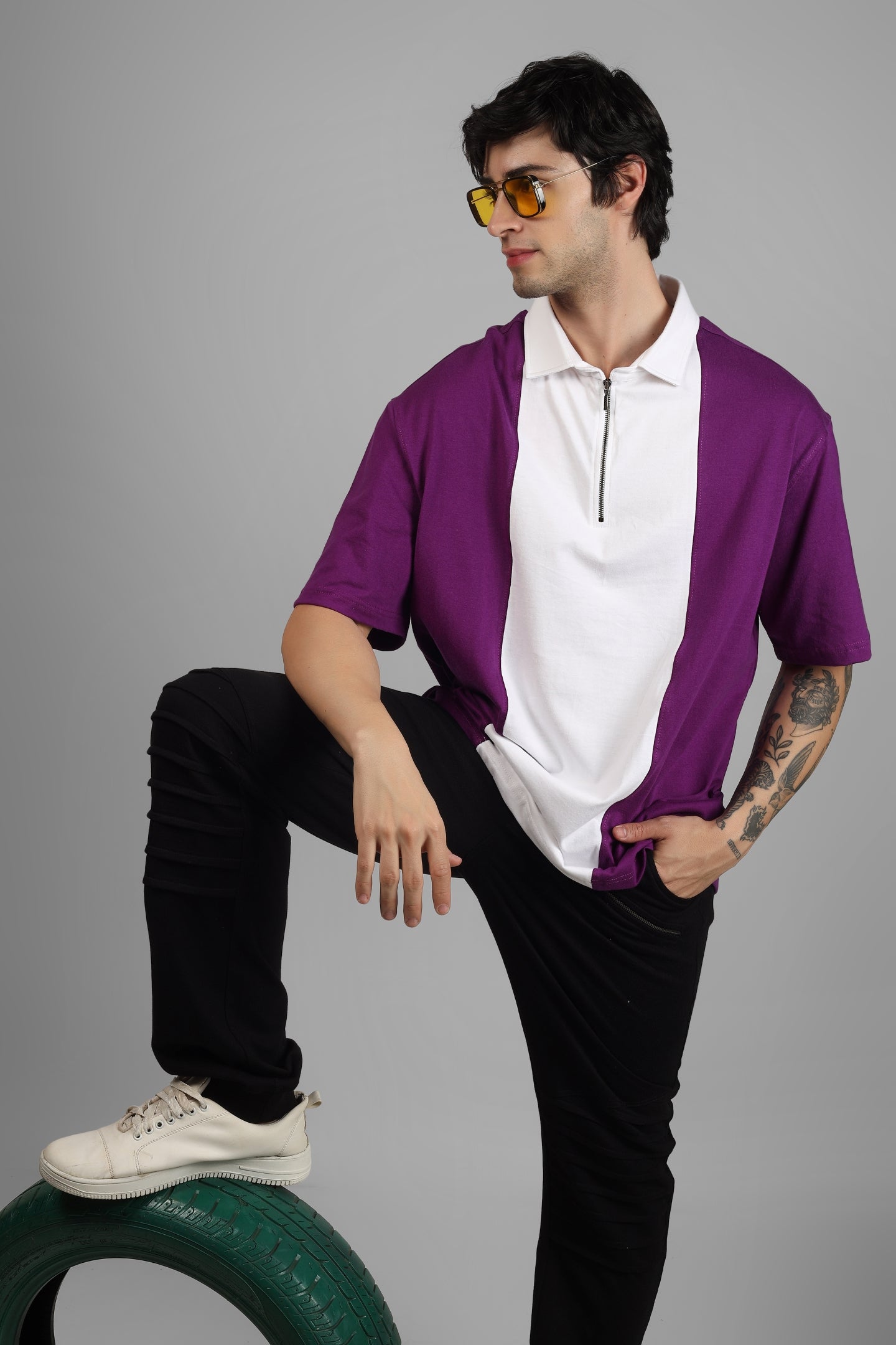 Purple & White Oversized Polo Zipper T-Shirt - Wearduds
