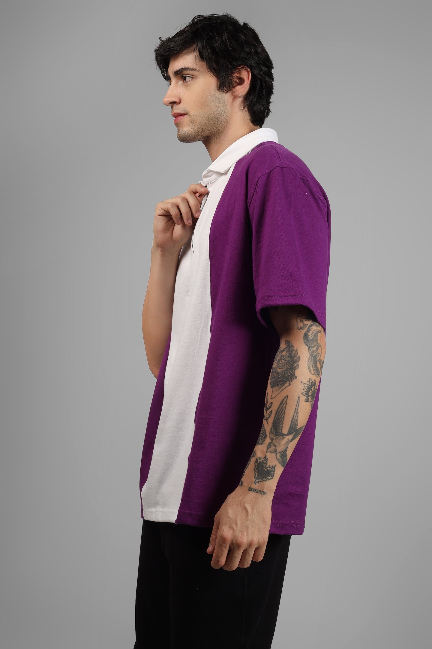 Purple & White Oversized Polo Zipper T-Shirt - Wearduds