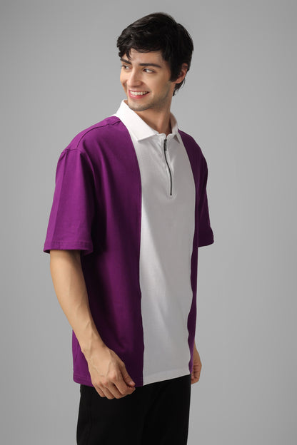 Purple & White Oversized Polo Zipper T-Shirt - Wearduds