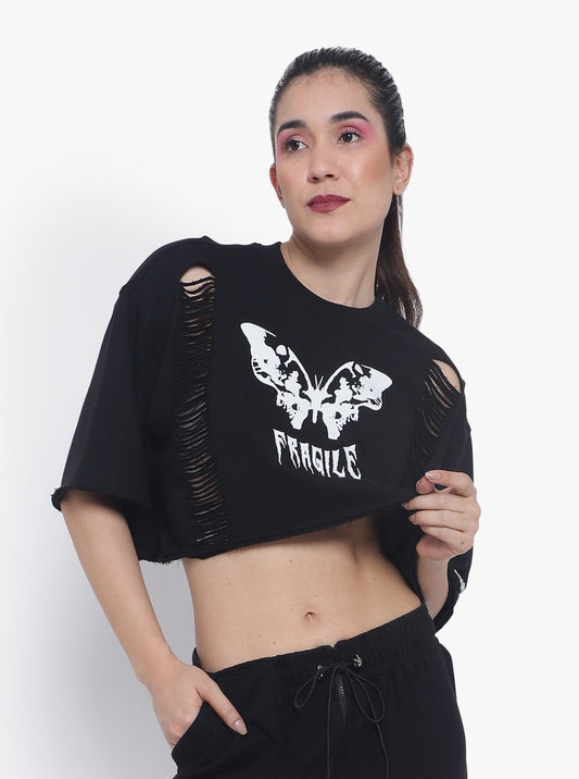 fragile oversized cropped t shirts black