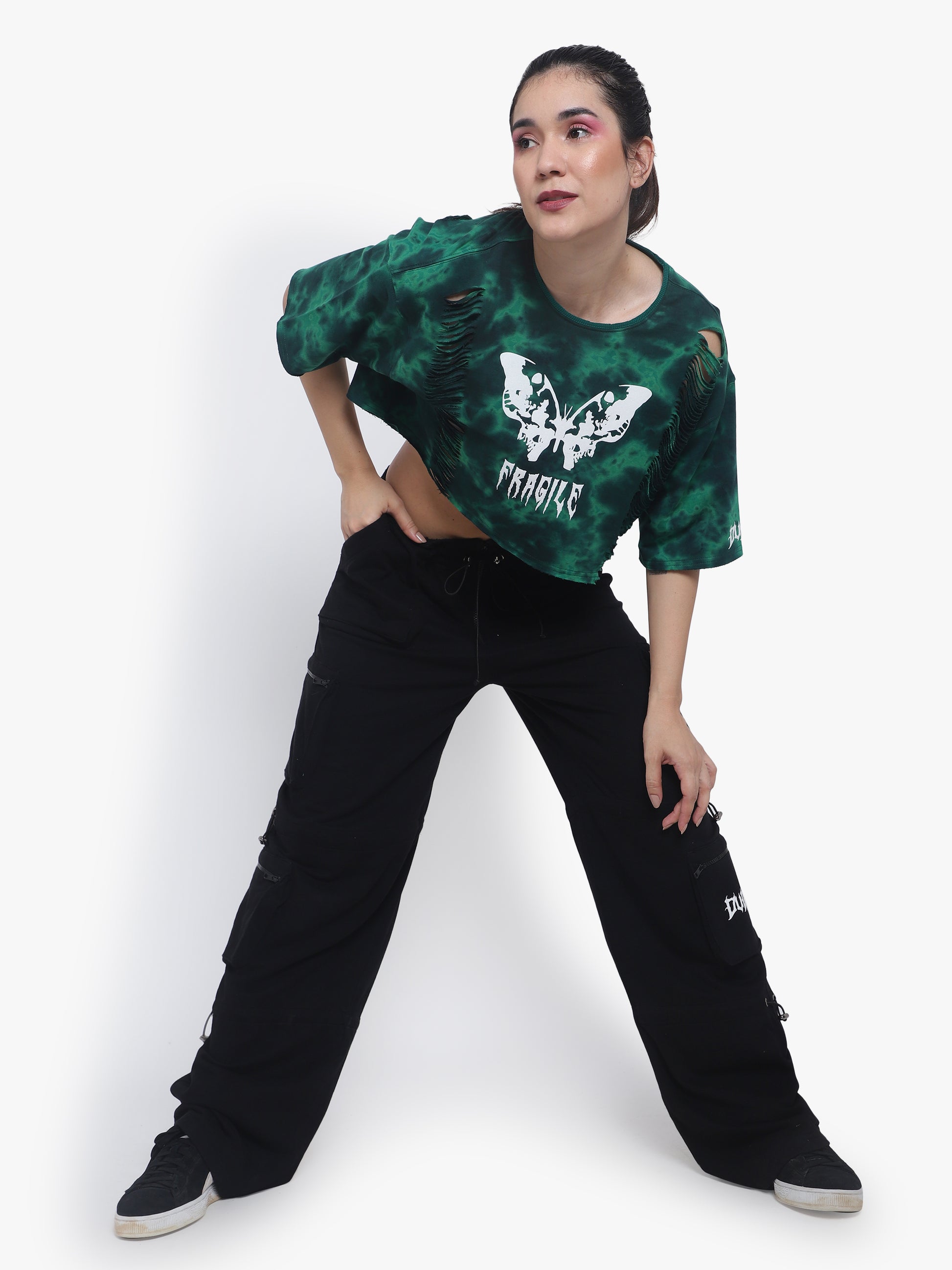 Fragile Oversized Cropped T-Shirts (Green Tie Dye) - Wearduds