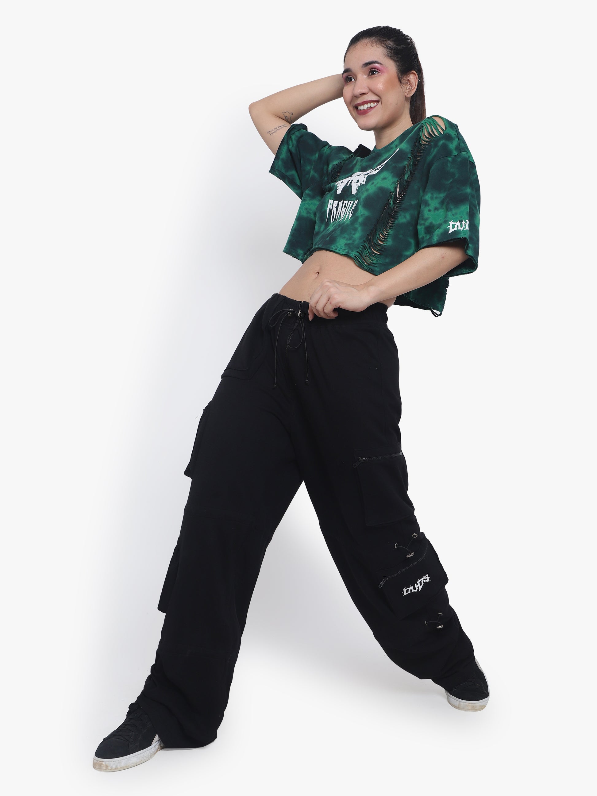 Fragile Oversized Cropped T-Shirts (Green Tie Dye) - Wearduds