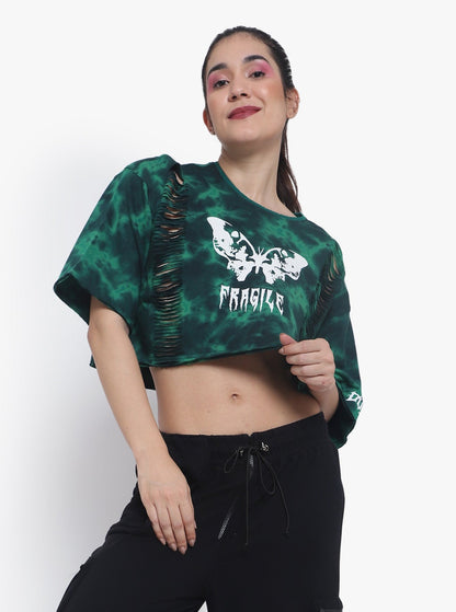 Fragile Oversized Cropped T-Shirts (Green Tie Dye) - Wearduds