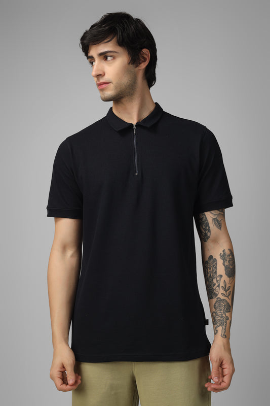 black polo neck zipper t shirt