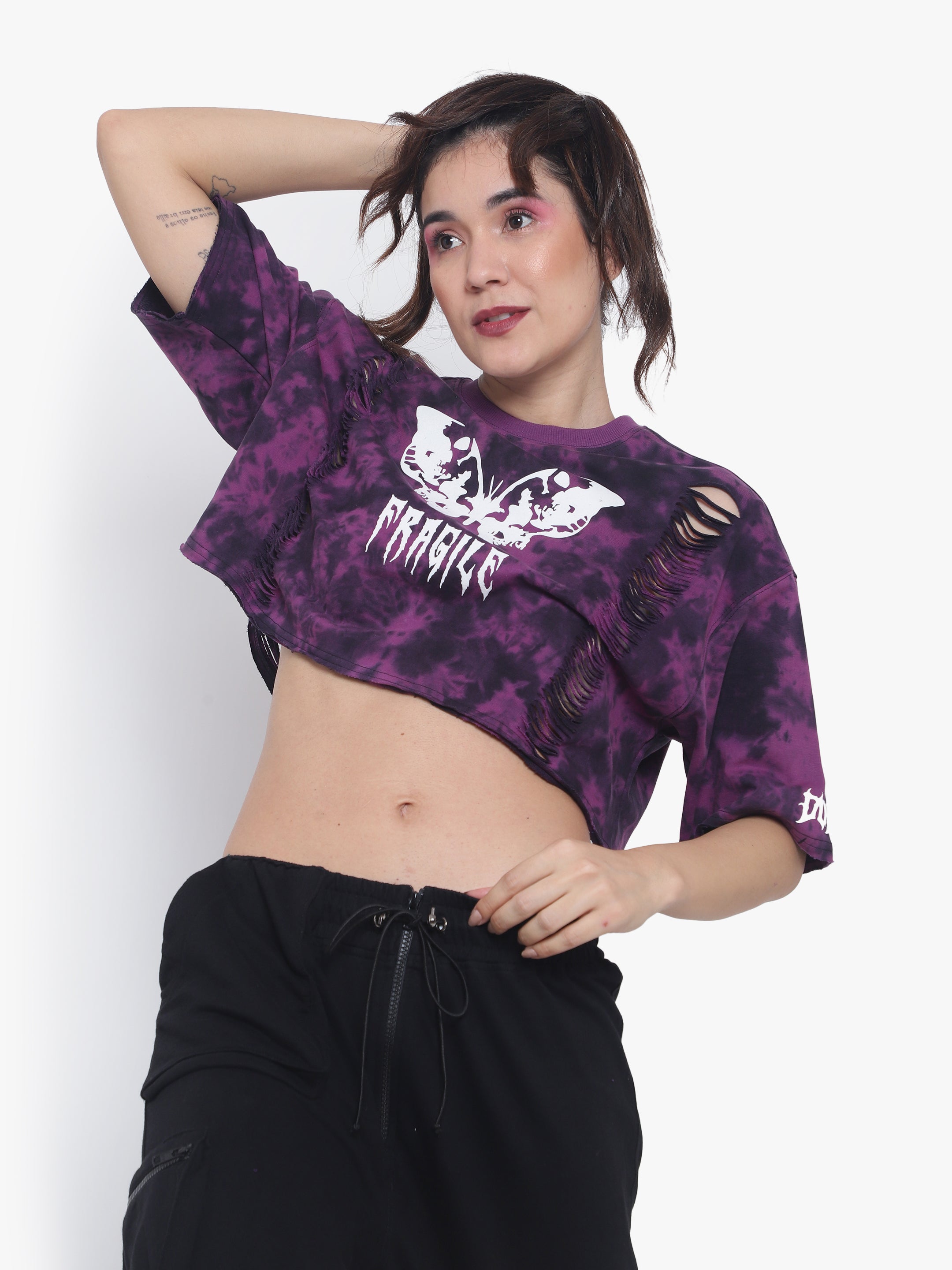 Fragile Oversized Cropped T-Shirts (Purple Tie Dye) - Wearduds