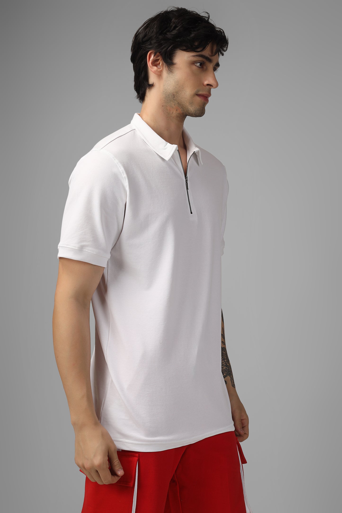 White Polo Neck Zipper T-Shirt - Wearduds