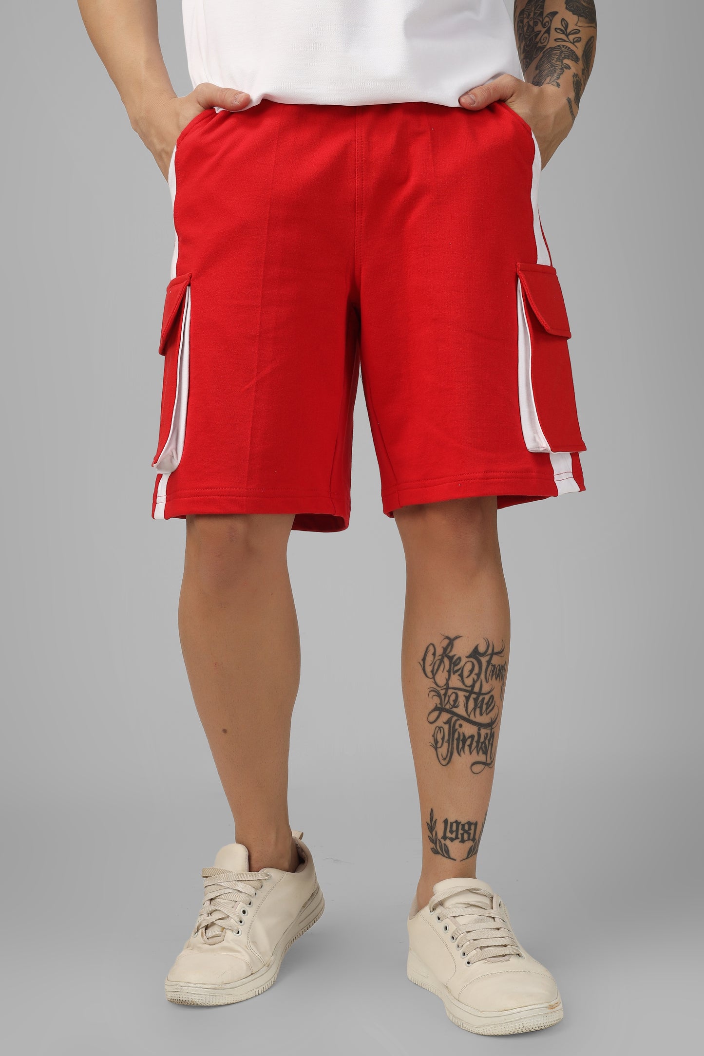 Regular Fit Cargo Shorts (Red & White) - Wearduds