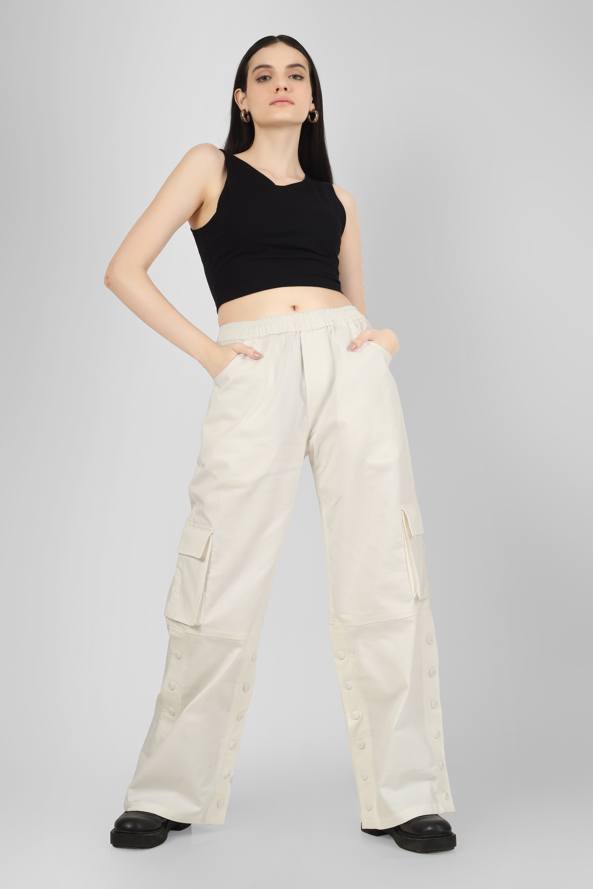 Side Slit Button Cargo pants White - Wearduds