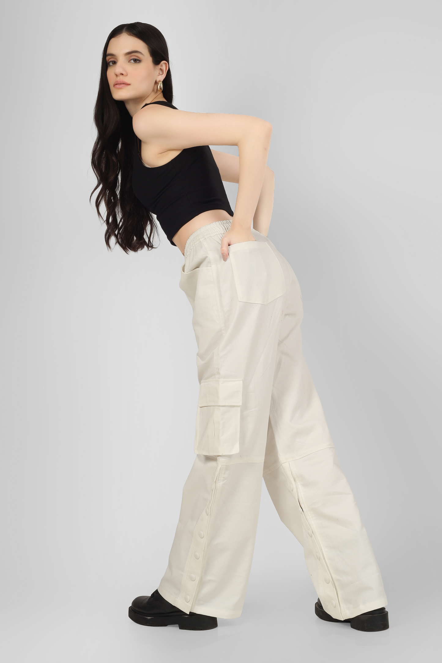 Side Slit Button Cargo pants White - Wearduds