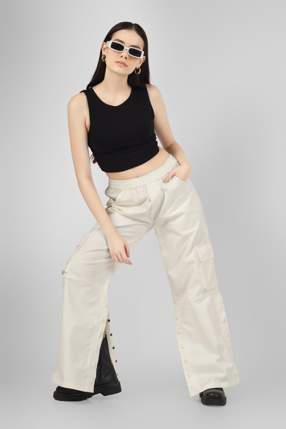 Side Slit Button Cargo pants White - Wearduds