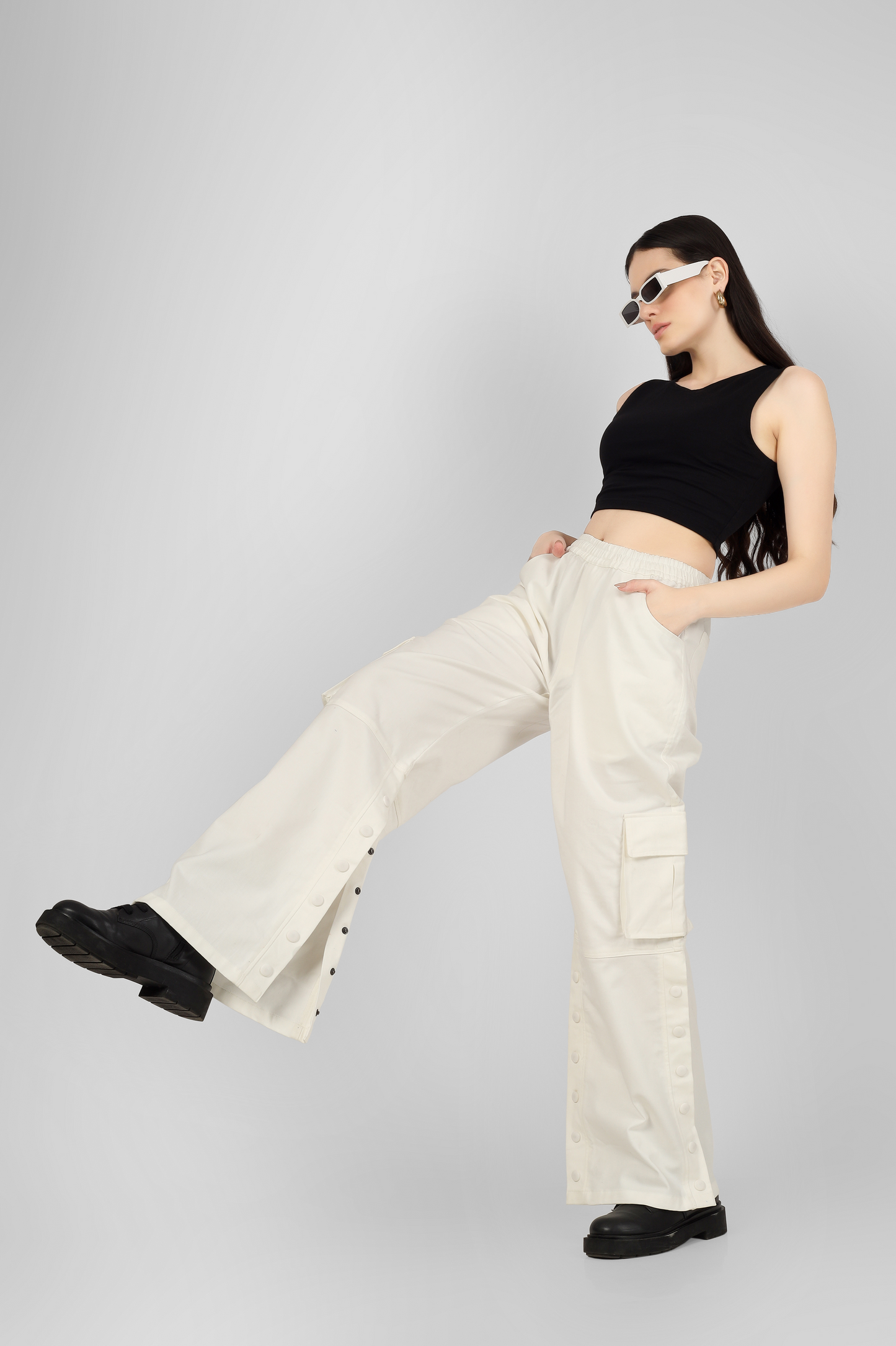 Side Slit Button Cargo pants White - Wearduds