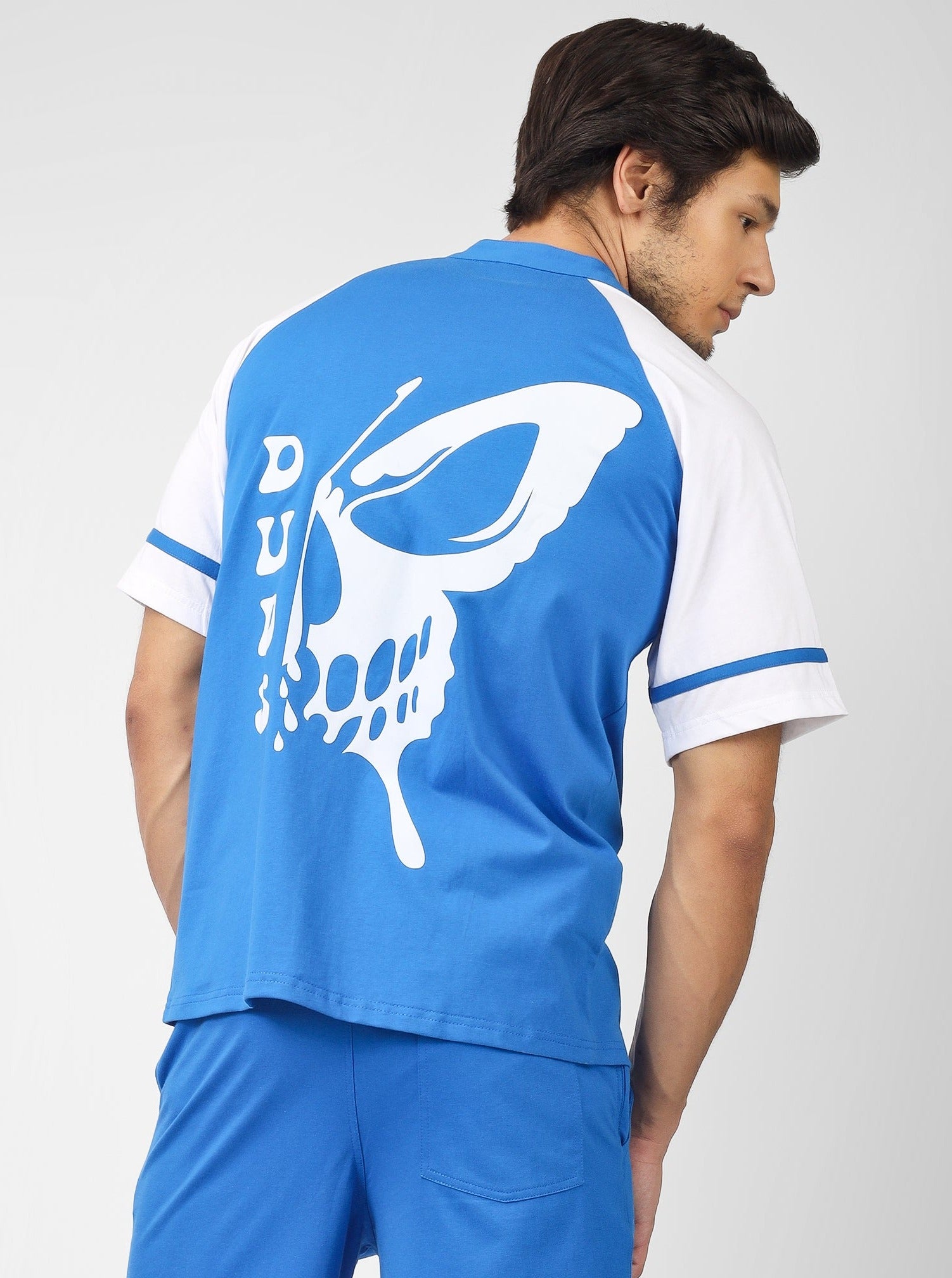 Raglan OS T-shirt with Skull Butterfly Print (Blue) - Wearduds