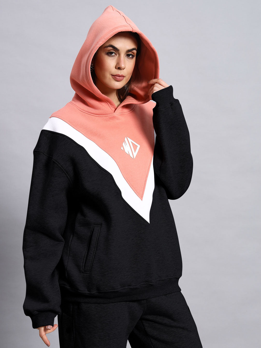 Women's Polar Colorblock Hoodie (Black-Peach)