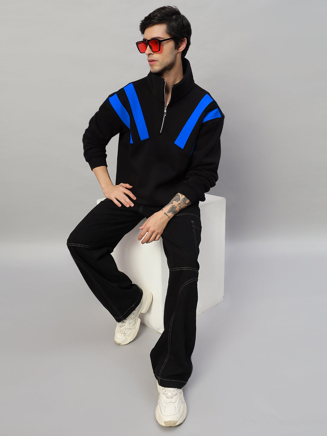 CROSSBAR COLORBLOCK JACKET (BLACK-R BLUE)