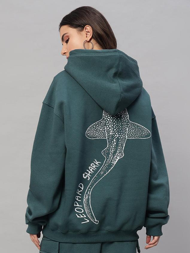 Women's Leopard Shark Fleece Hoodie (Teal Green)